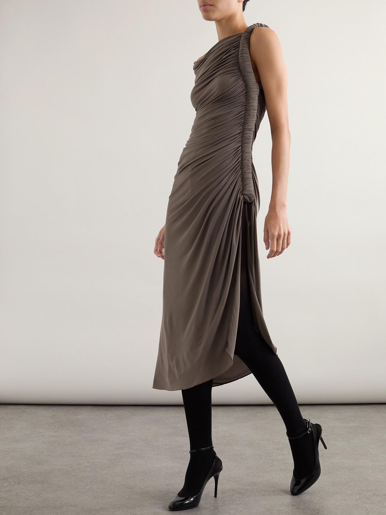 Shop Alaïa One-shoulder Draped Stretch-jersey Midi Dress In Brown