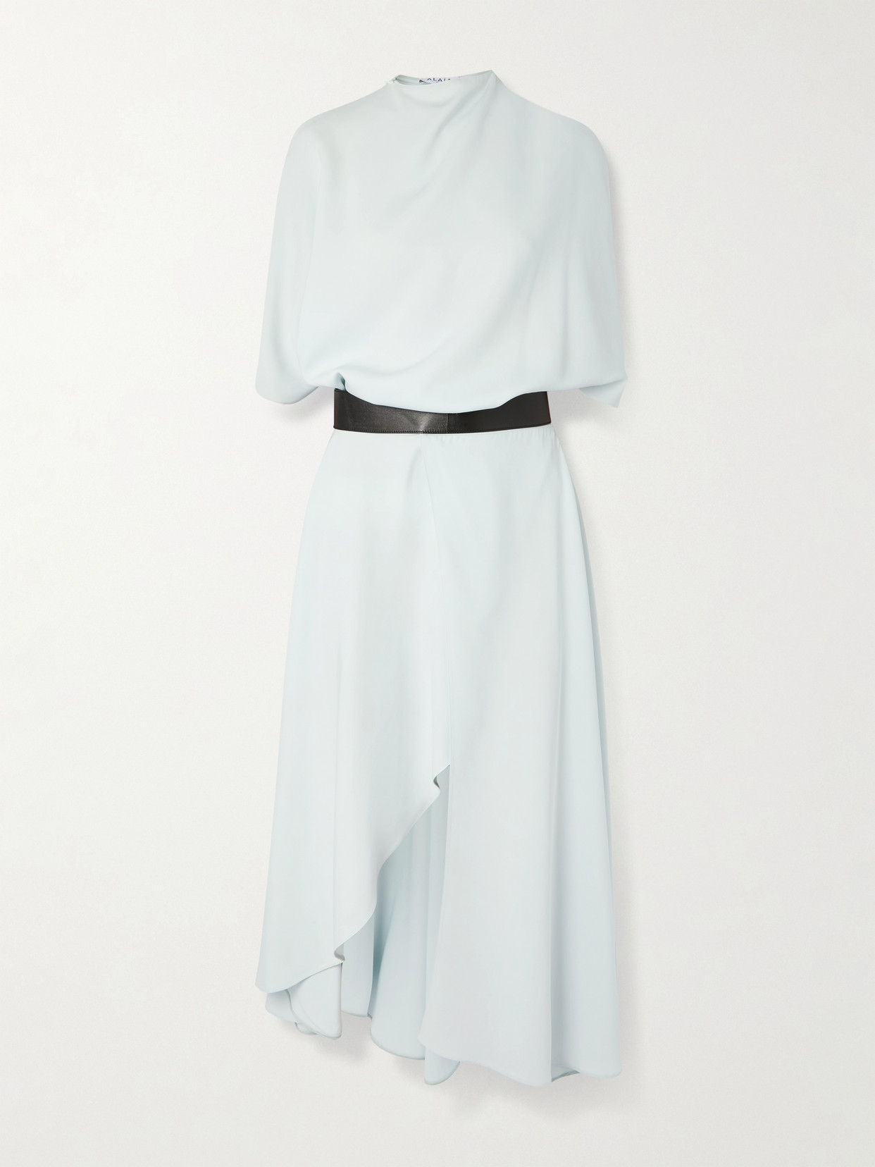 Alaïa Asymmetric Draped Leather-trimmed Cady Midi Dress In Blue