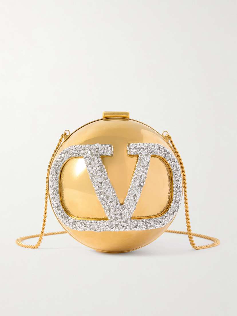 Valentino Garavani Vlogo Crystal-embellished Gold-tone Clutch