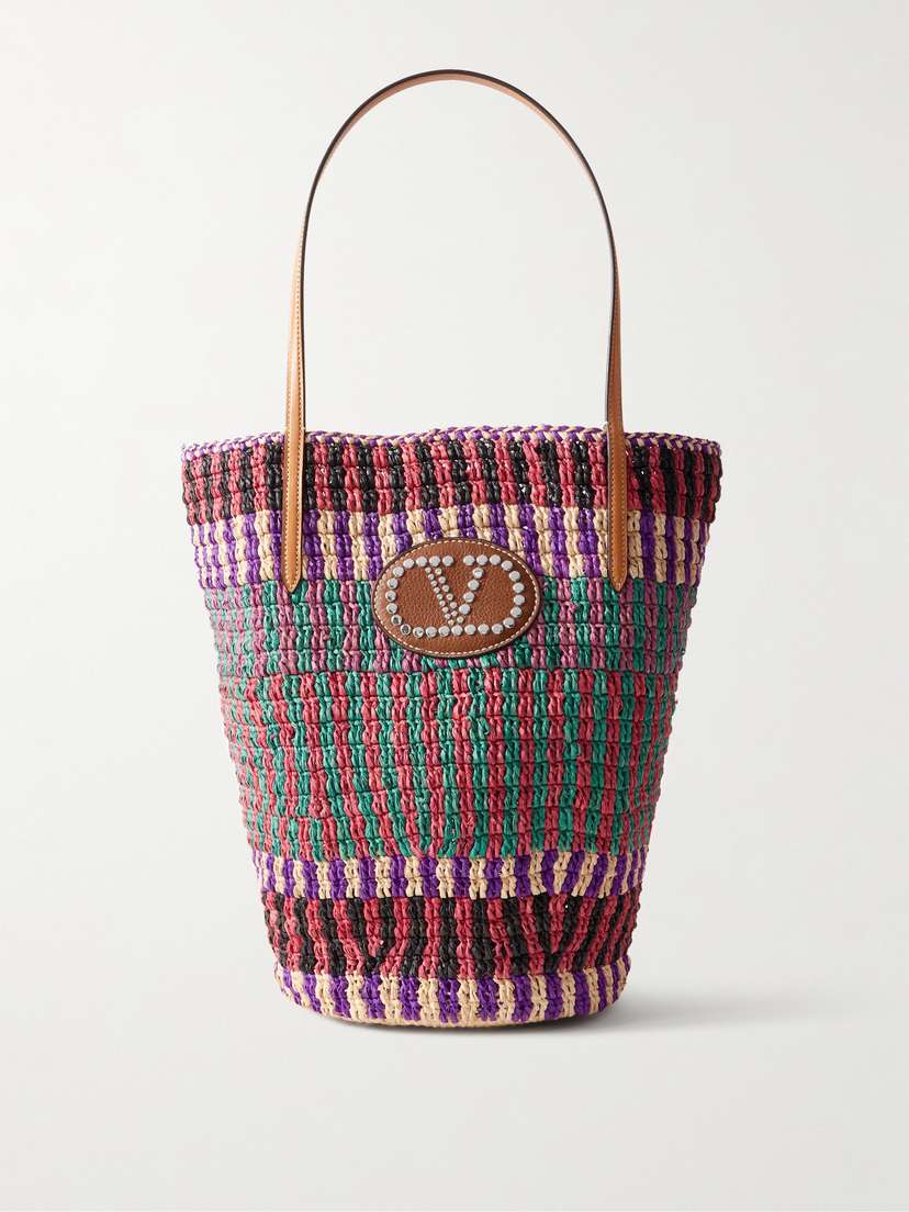 Valentino Garavani Vlogo Leather-trimmed Crocheted Straw Tote