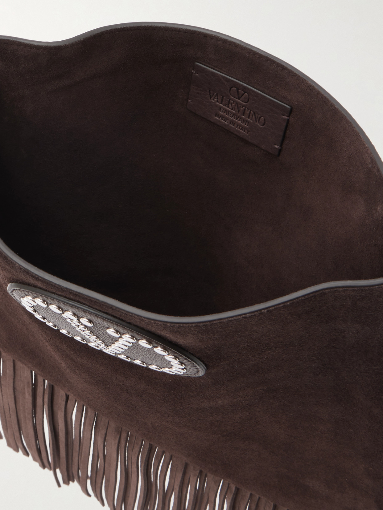 Valentino Nellcote Embellished Fringed Leather-trimmed Suede Shoulder Bag In Burgundy