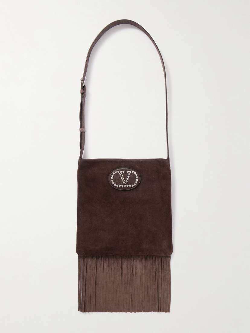 Valentino Garavani Nellcote Embellished Fringed Leather-trimmed Suede Shoulder Bag