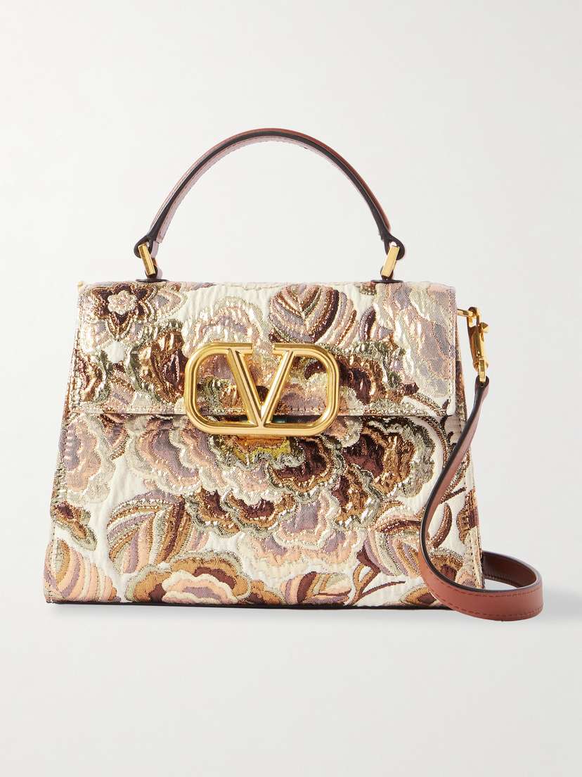 Valentino Garavani Vsling Leather-trimmed Metallic Brocade Shoulder Bag