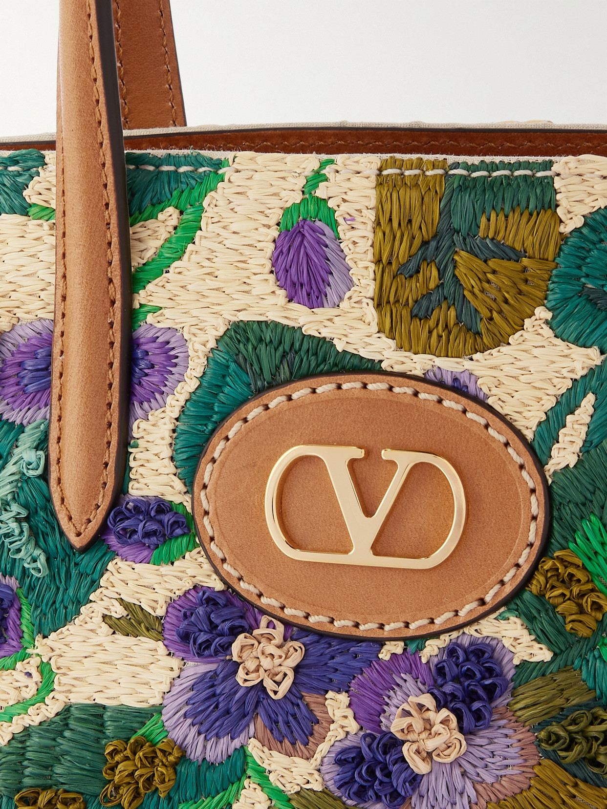 Valentino Antibes Small Violet Flower Raffia Tote Bag In Multi