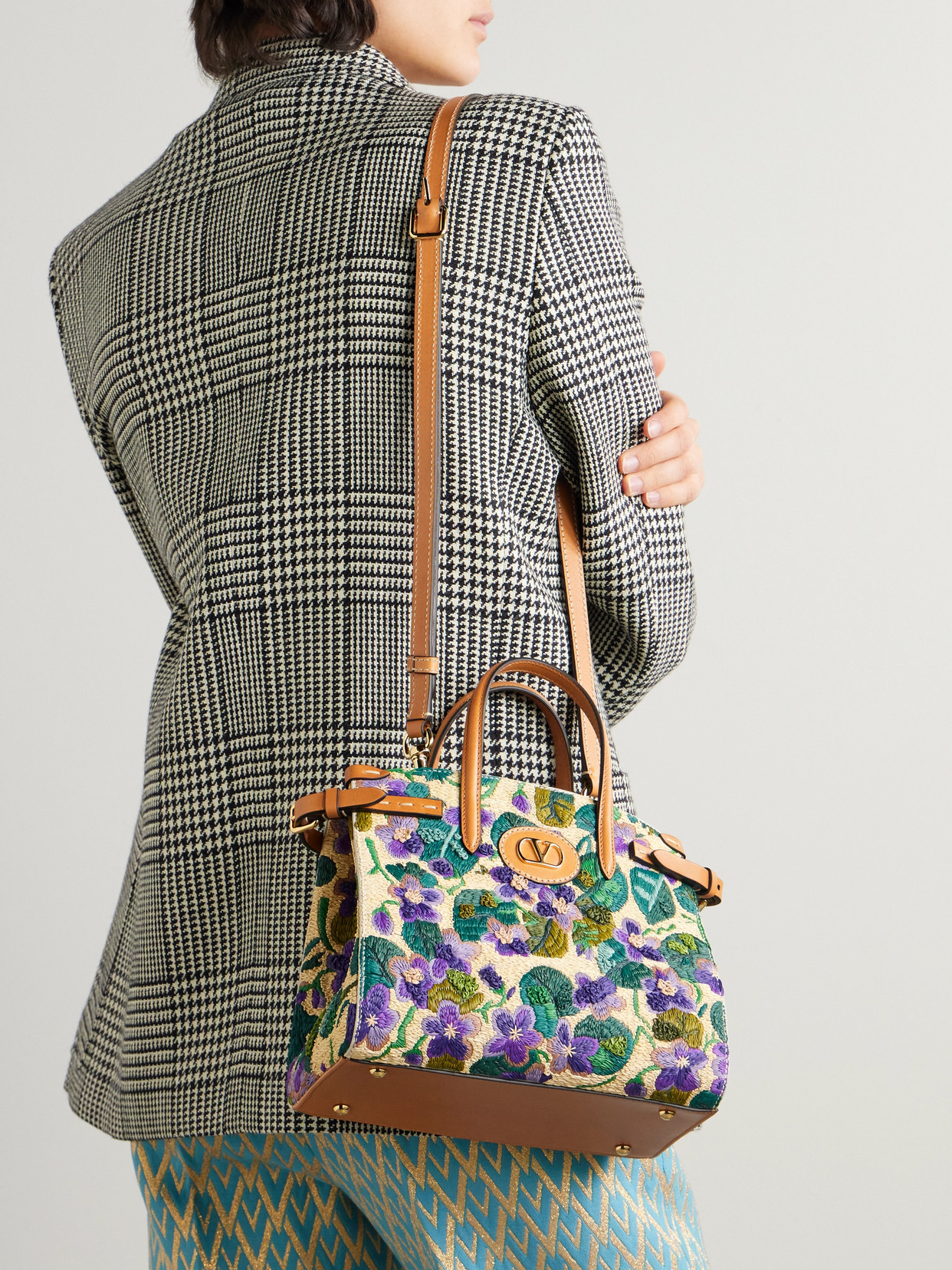Valentino Antibes Small Violet Flower Raffia Tote Bag In Multi