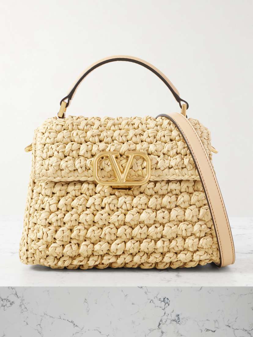 Valentino Garavani Vsling Mini Leather-trimmed Crocheted Raffia Shoulder Bag