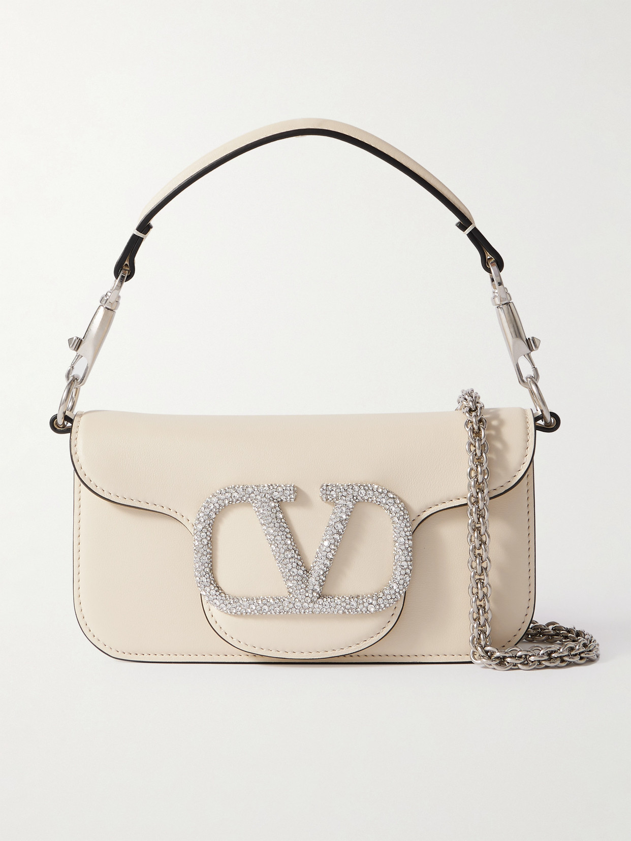 Valentino Garavani Locò Small Embellished Leather Shoulder Bag In Ivory