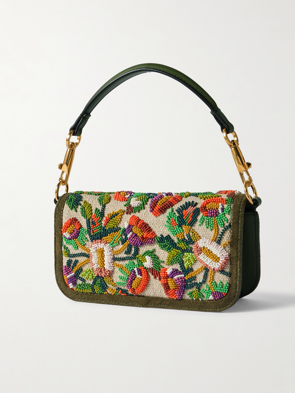 Valentino Locò Small Velvet And Leather-trimmed Embellished Linen Shoulder Bag In Multi