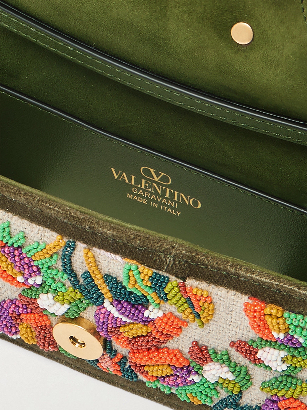 Valentino Locò Small Velvet And Leather-trimmed Embellished Linen Shoulder Bag In Multi
