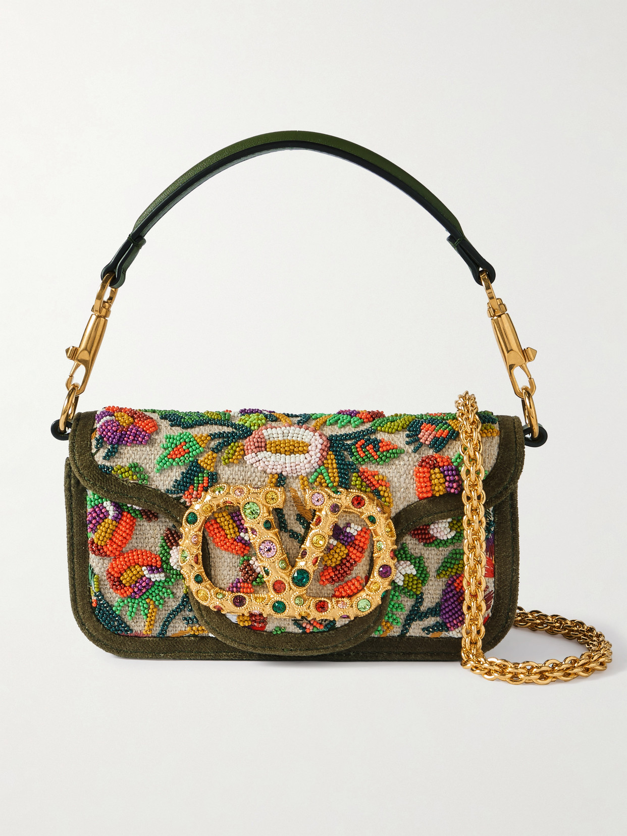 Valentino Garavani Locò Small Velvet And Leather-trimmed Embellished Linen Shoulder Bag In Multi