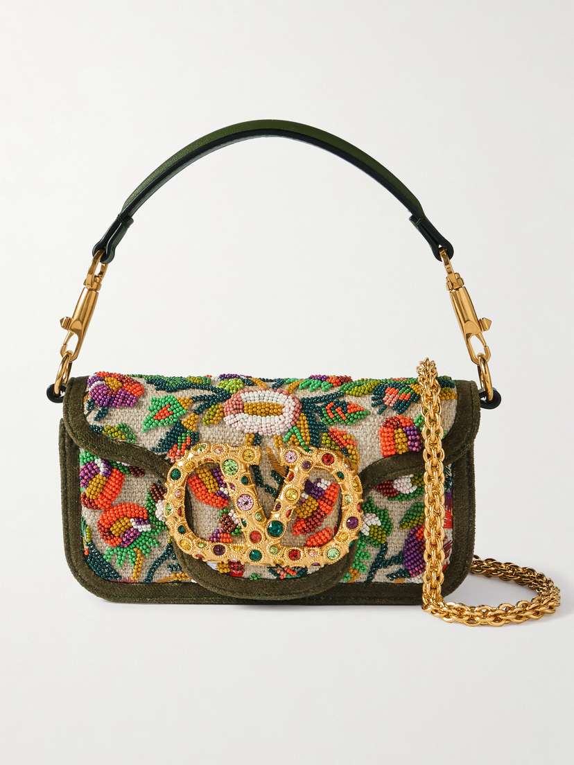 Valentino Garavani Locò Small Velvet And Leather-trimmed Embellished Linen Shoulder Bag