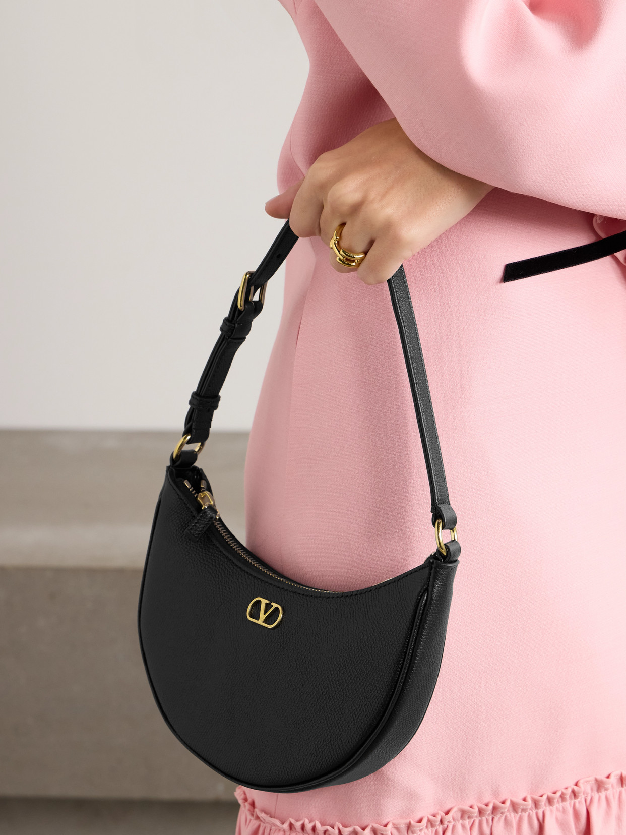 Valentino Half-moon Leather Shoulder Bag With Chain Strap In Black