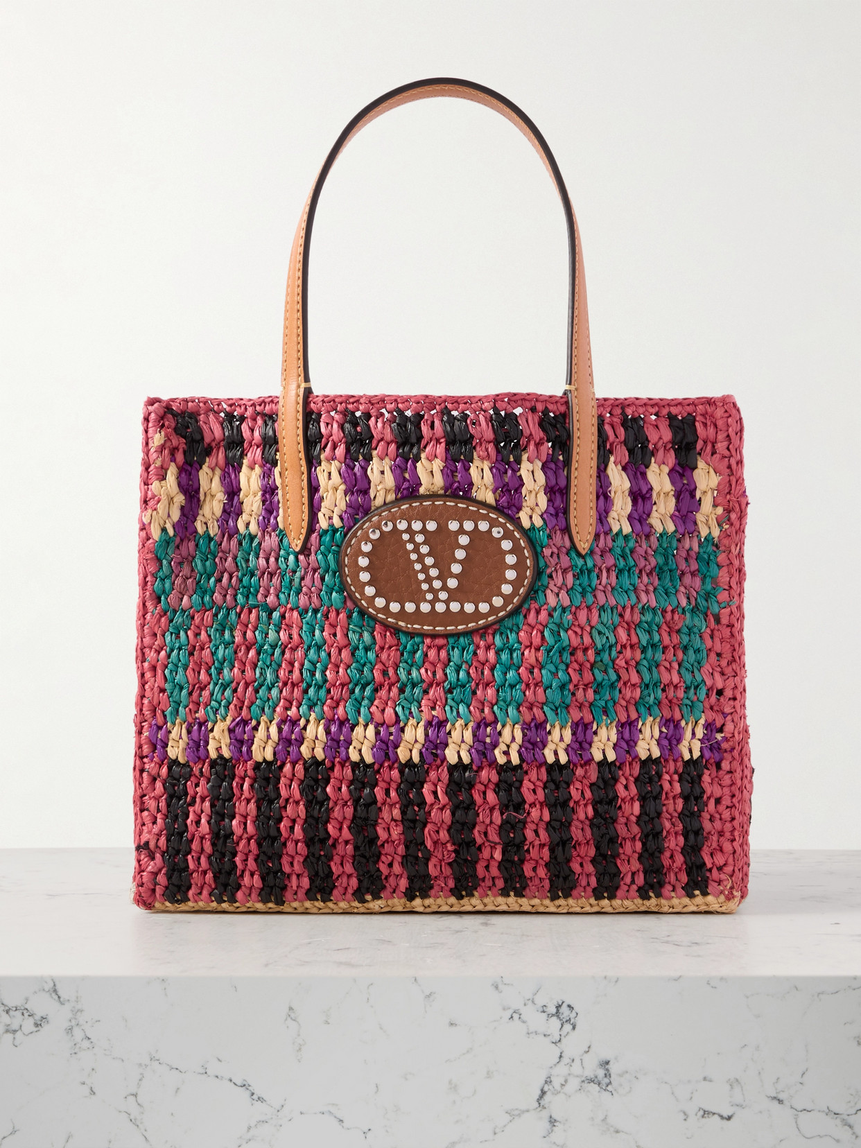 Valentino Garavani Vlogo Studded Leather-trimmed Raffia Tote In Multi