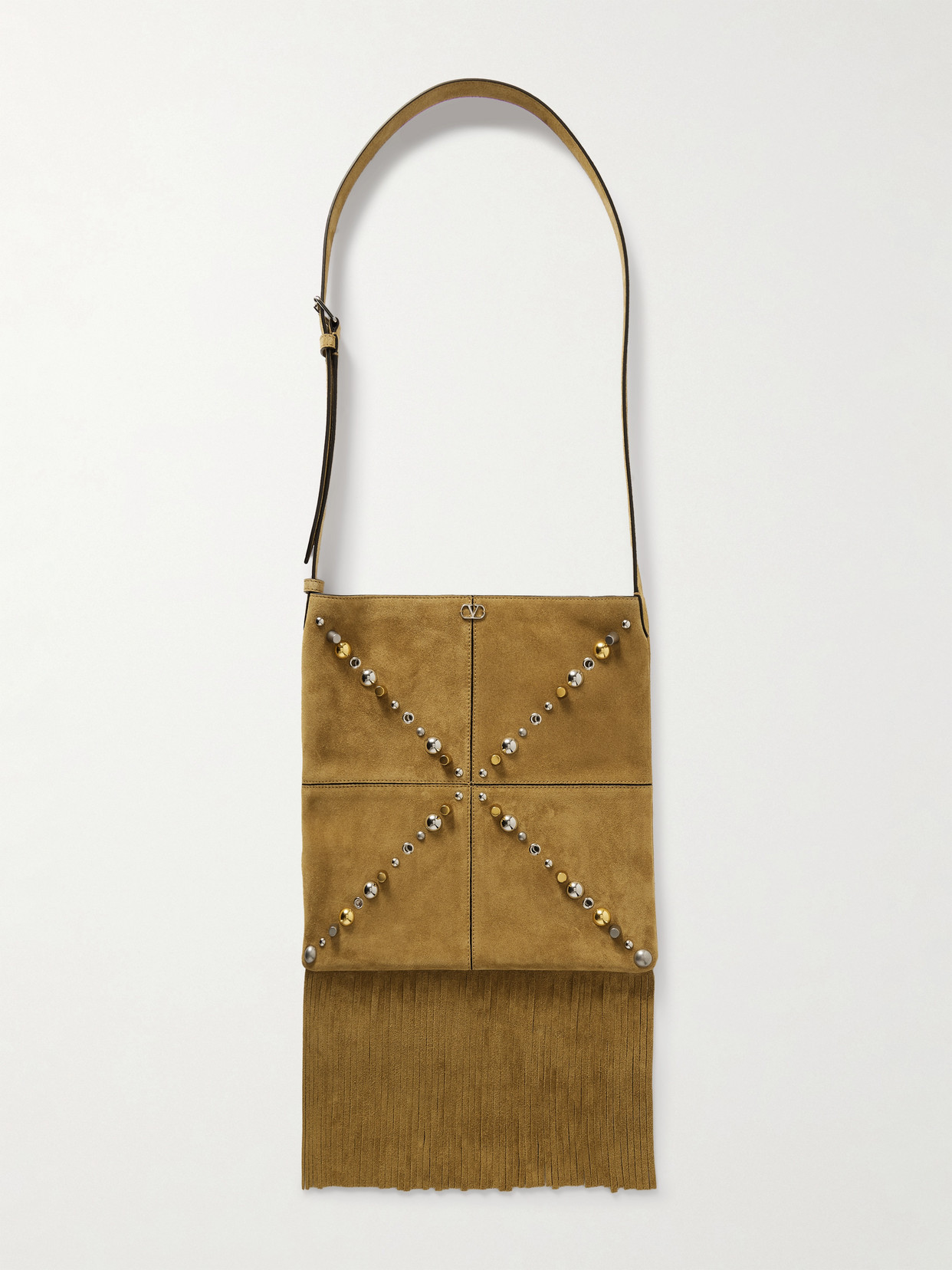 Valentino Garavani Nellcote Fringed Studded Suede Shoulder Bag In Brown