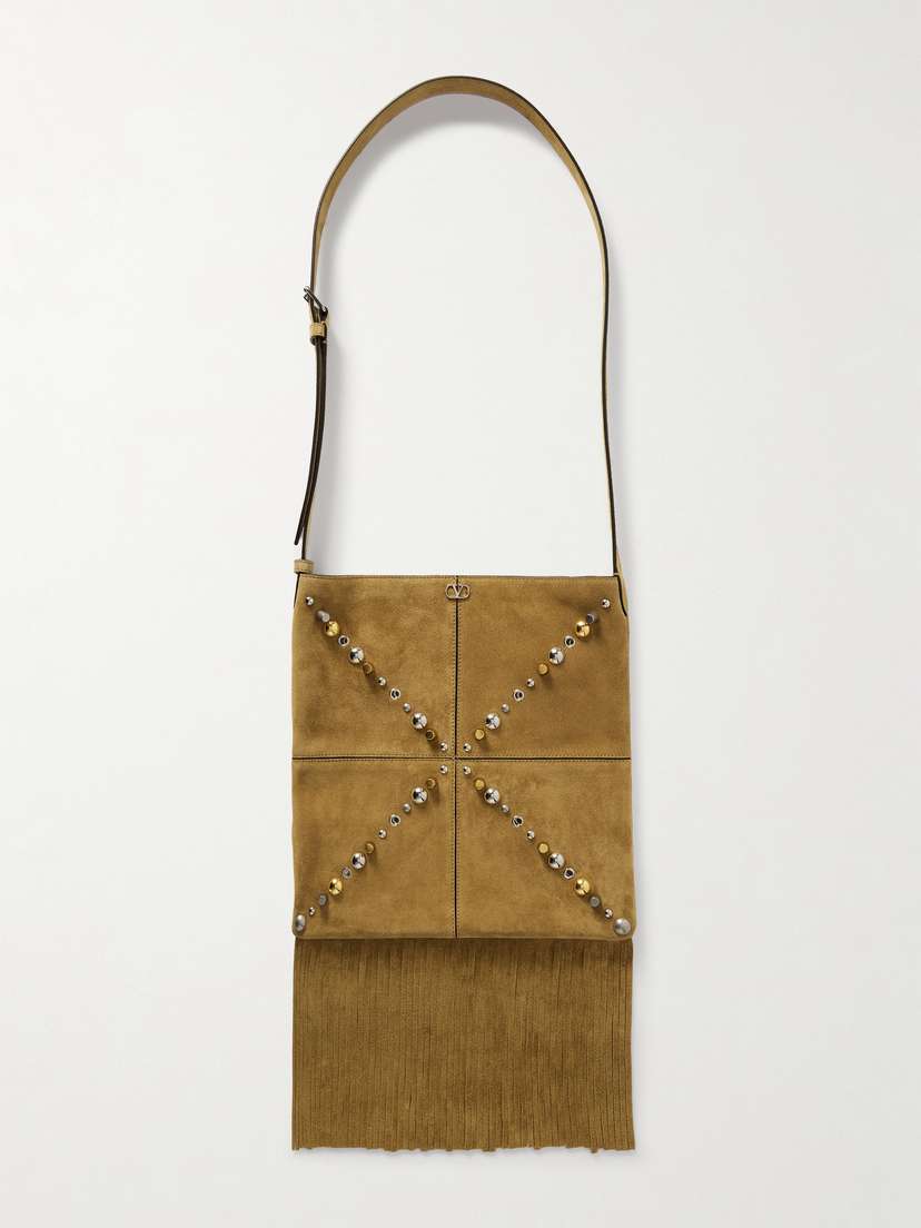 Valentino Garavani Nellcote Fringed Studded Suede Shoulder Bag