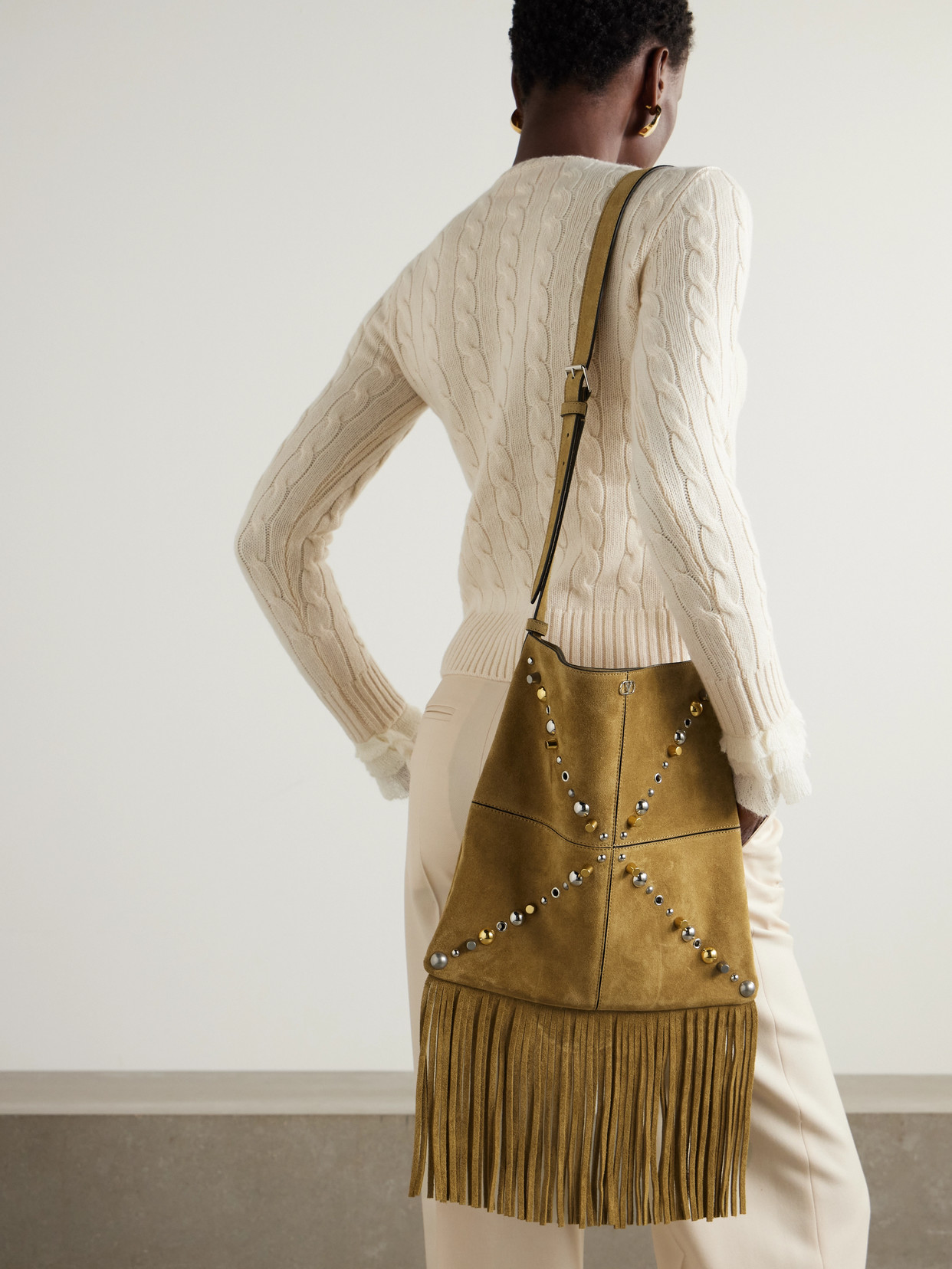 Valentino Nellcote Fringed Studded Suede Shoulder Bag In Brown