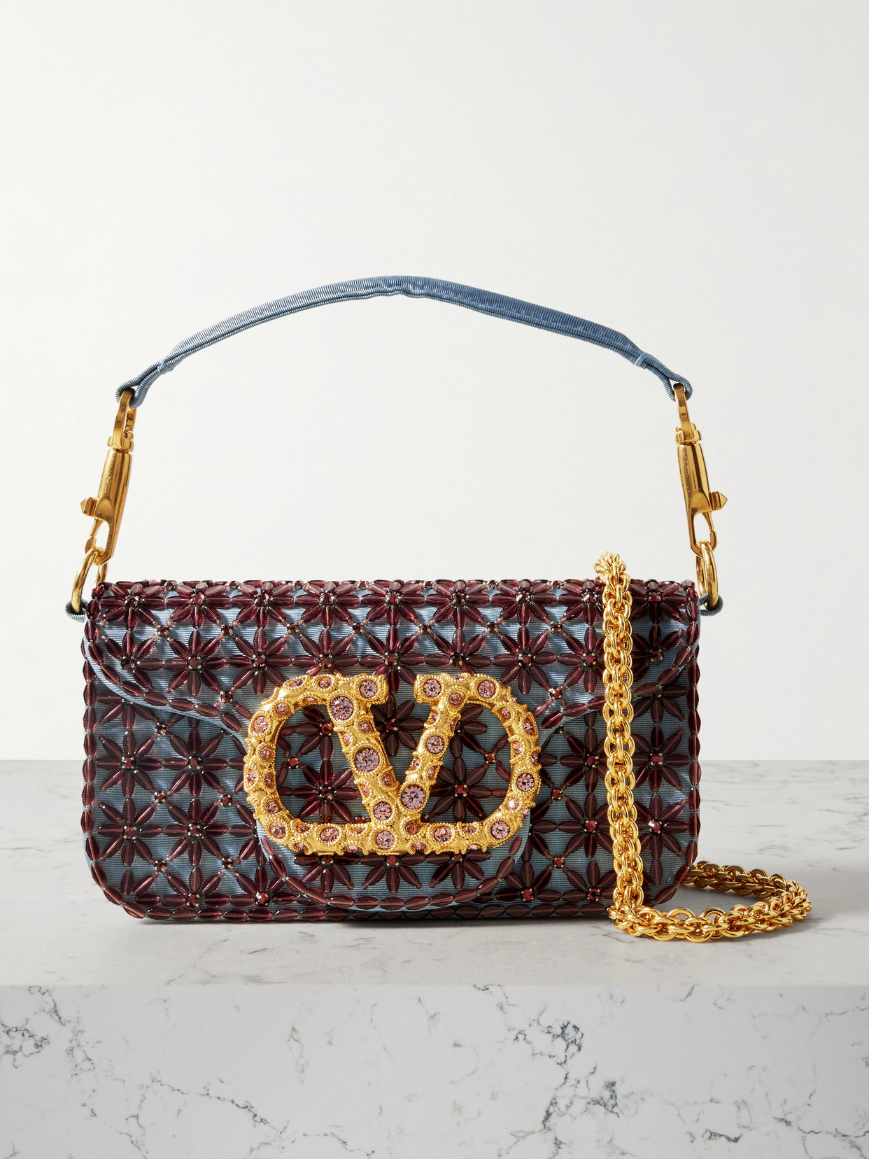 Valentino Garavani - Locò Small Embellished Moire Shoulder Bag - Blue