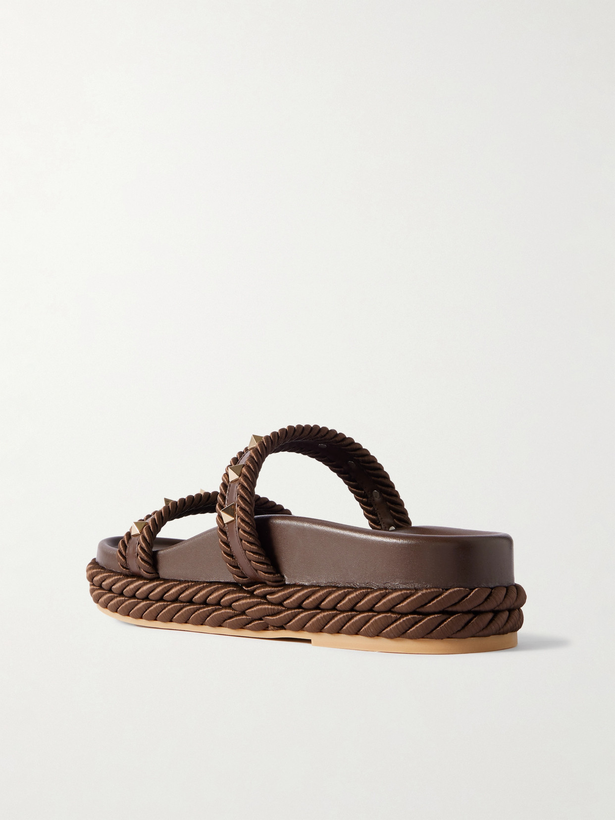 VALENTINO GARAVANI ROCKSTUD ROPE-TRIMMED STUDDED LEATHER PLATFORM SLIDES