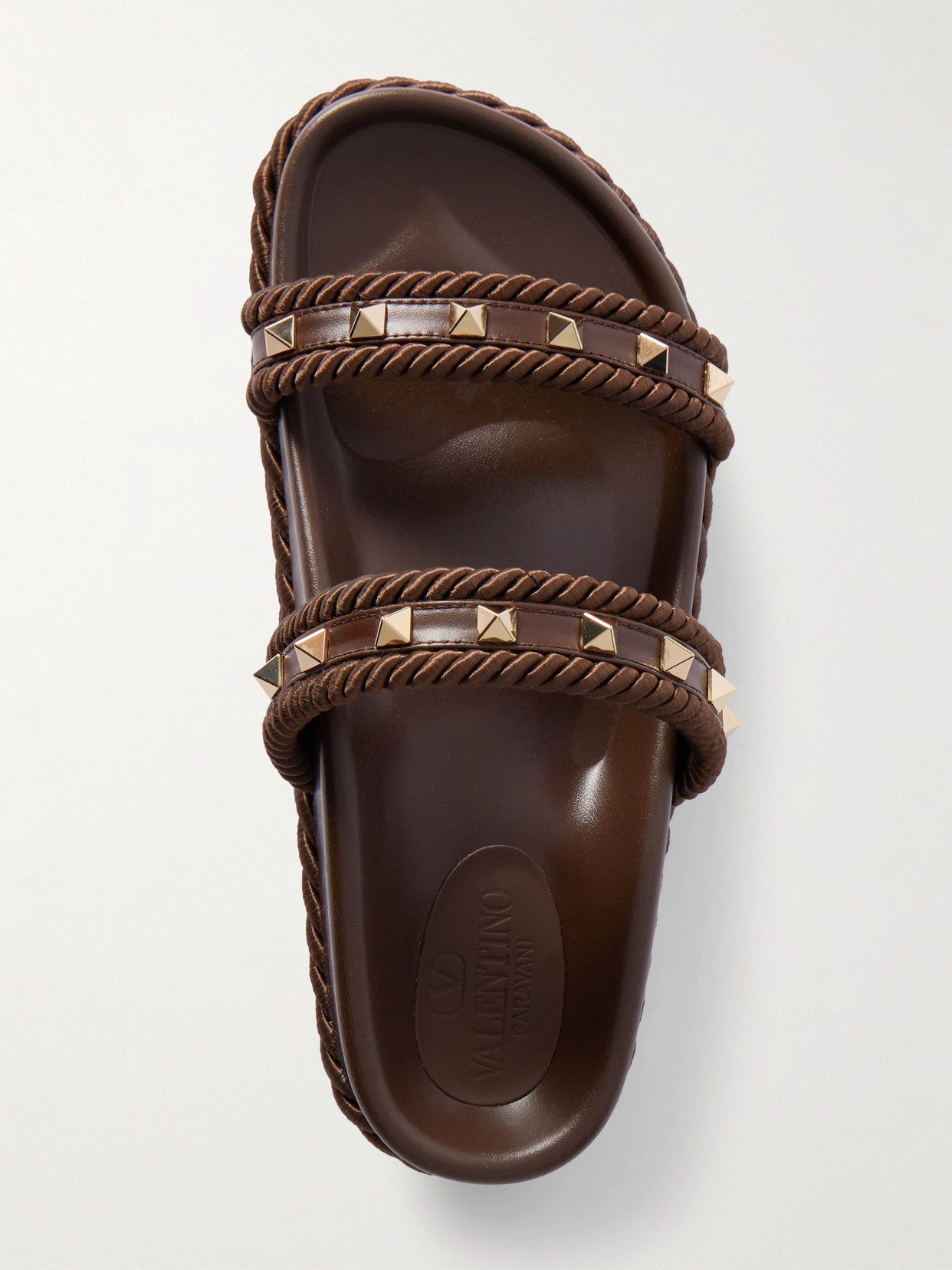 VALENTINO GARAVANI ROCKSTUD ROPE-TRIMMED STUDDED LEATHER PLATFORM SLIDES