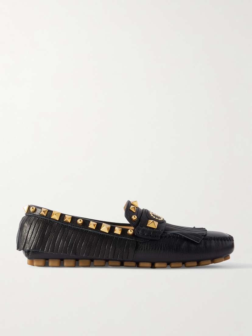 Valentino Garavani Plaster Caster Driver Fringed Studded Textured-leather Loafers