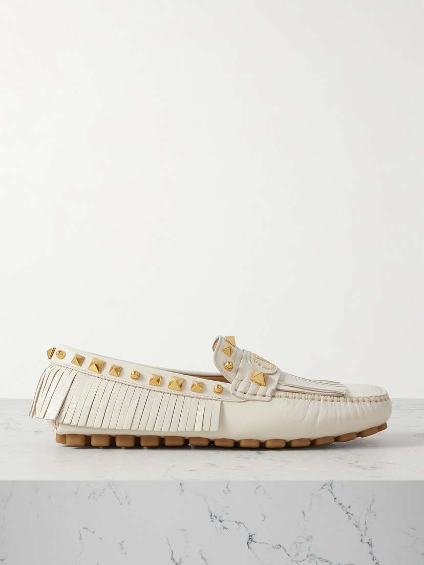 Valentino Garavani Plaster Caster Driver Fringed Studded Textured-leather Loafers
