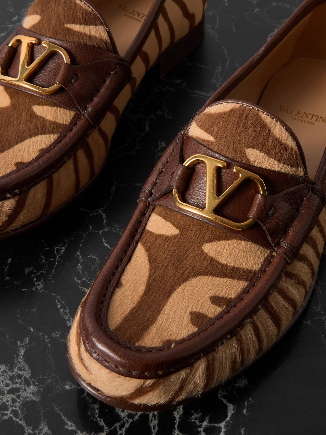 VALENTINO GARAVANI VLOGO SIGNATURE 20 LEATHER-TRIMMED ZEBRA-PRINT CALF HAIR LOAFERS