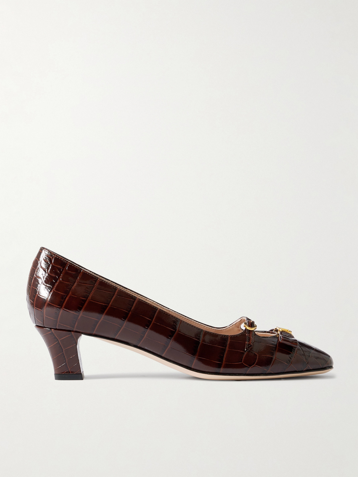 Valentino Garavani - Bowow Décolleté 45 Embellished Croc-effect Leather Pumps - Dark brown