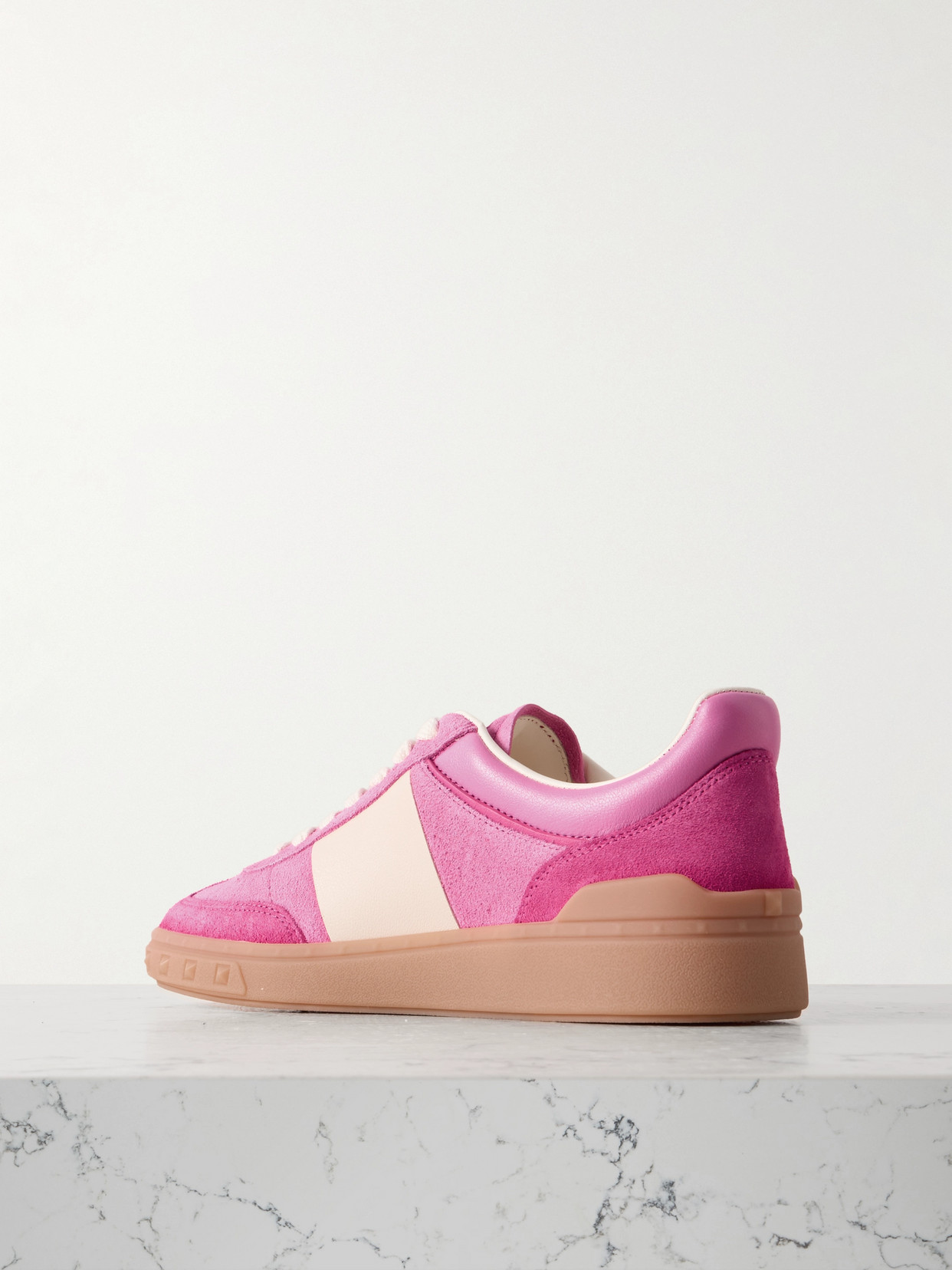 Shop Valentino Upvillage Embossed Leather-trimmed Paneled Suede Sneakers In Pink