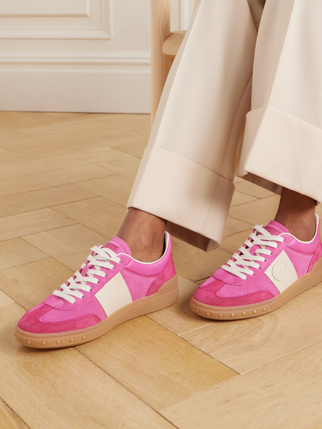 Shop Valentino Upvillage Embossed Leather-trimmed Paneled Suede Sneakers In Pink