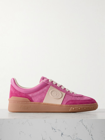 Valentino Garavani Upvillage embossed leather-trimmed paneled suede sneakers