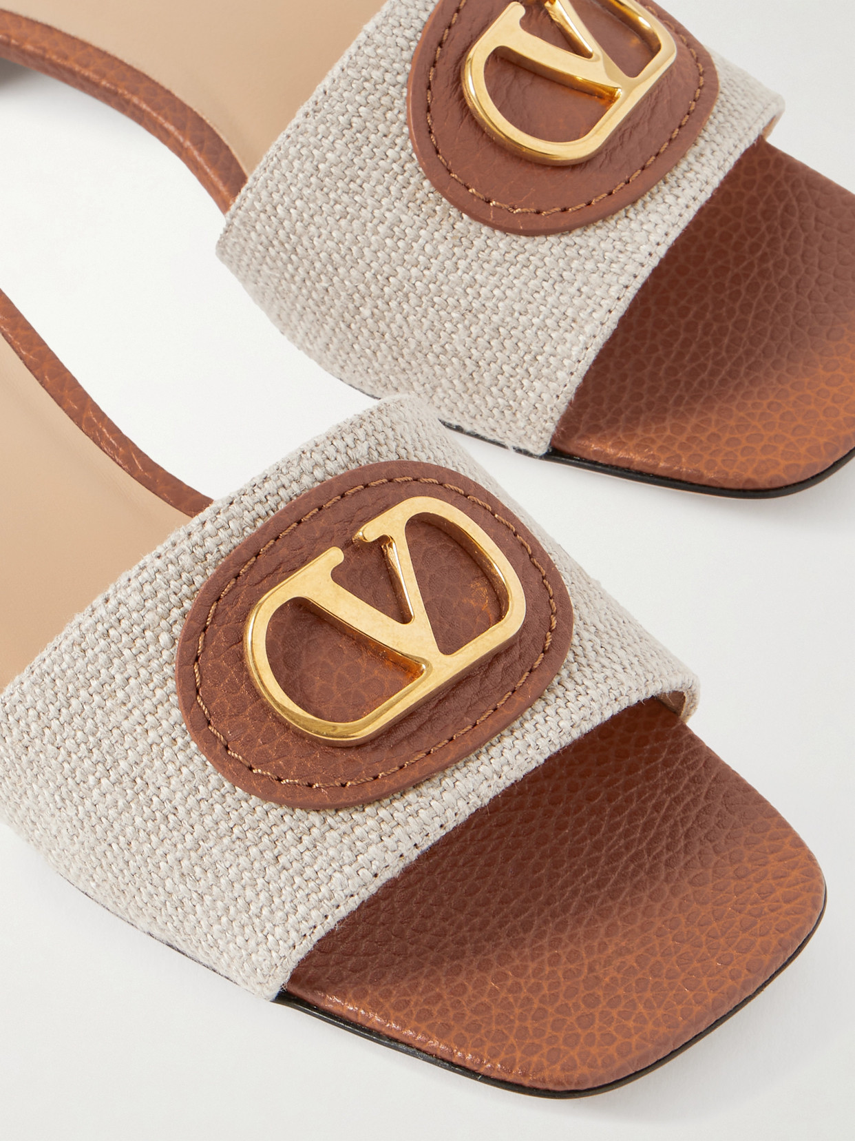 Valentino Vlogo Embellished Textured-leather And Canvas Slides In Neutrals