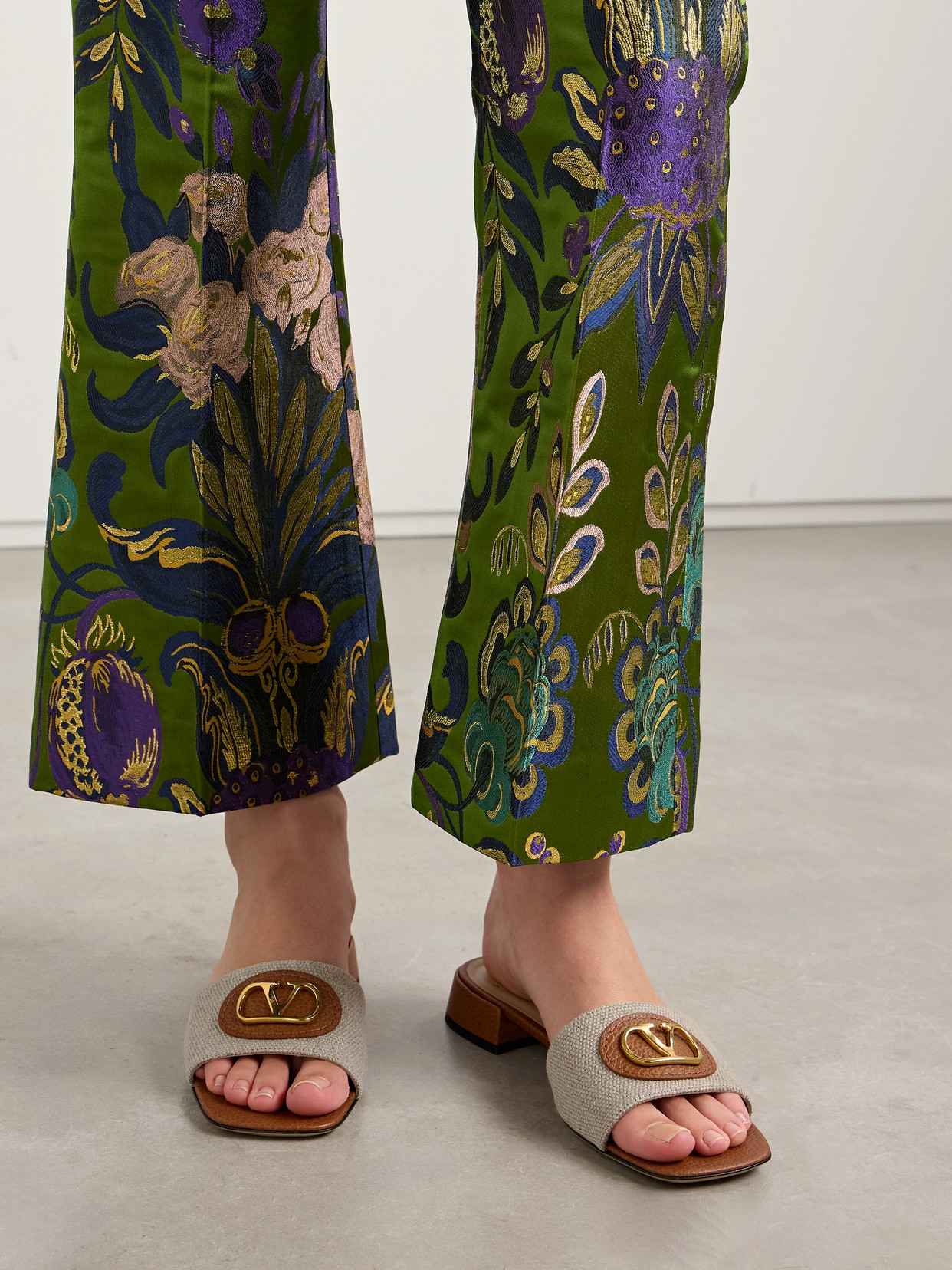 Valentino Vlogo Embellished Textured-leather And Canvas Slides In Neutrals