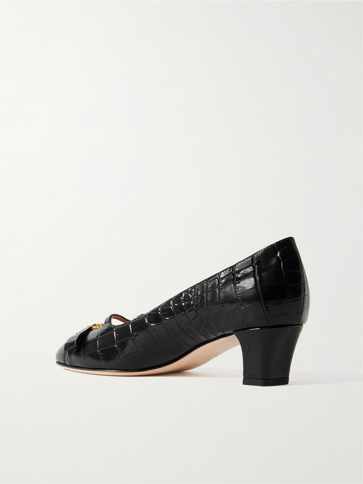 Valentino Garavani Bow Detail Black Crocodile-embossed Leather Heels In Black