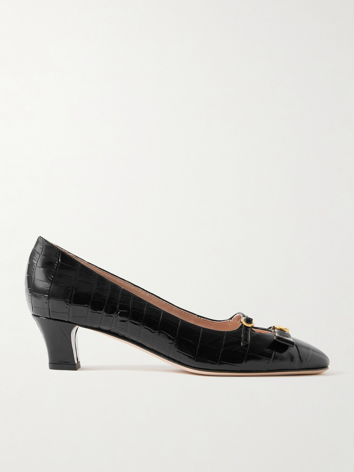 Valentino Garavani - Bowow Décolleté 45 Embellished Croc-effect Leather Pumps - Black