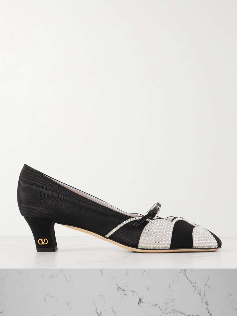 Valentino Garavani Bowow 45 Crystal-embellished Suede-trimmed Moiré Pumps