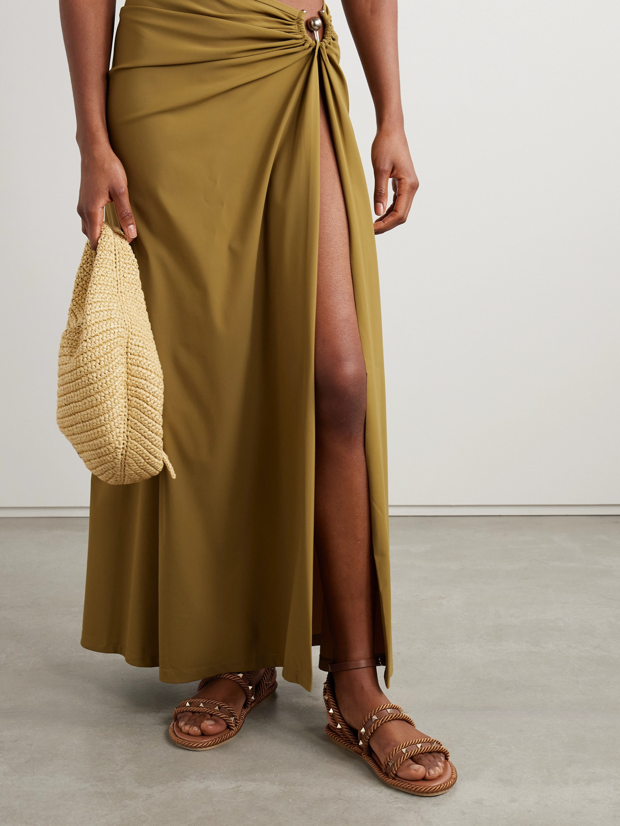 Valentino Garavani Caramel Fabric Rockstud Sandals In Brown