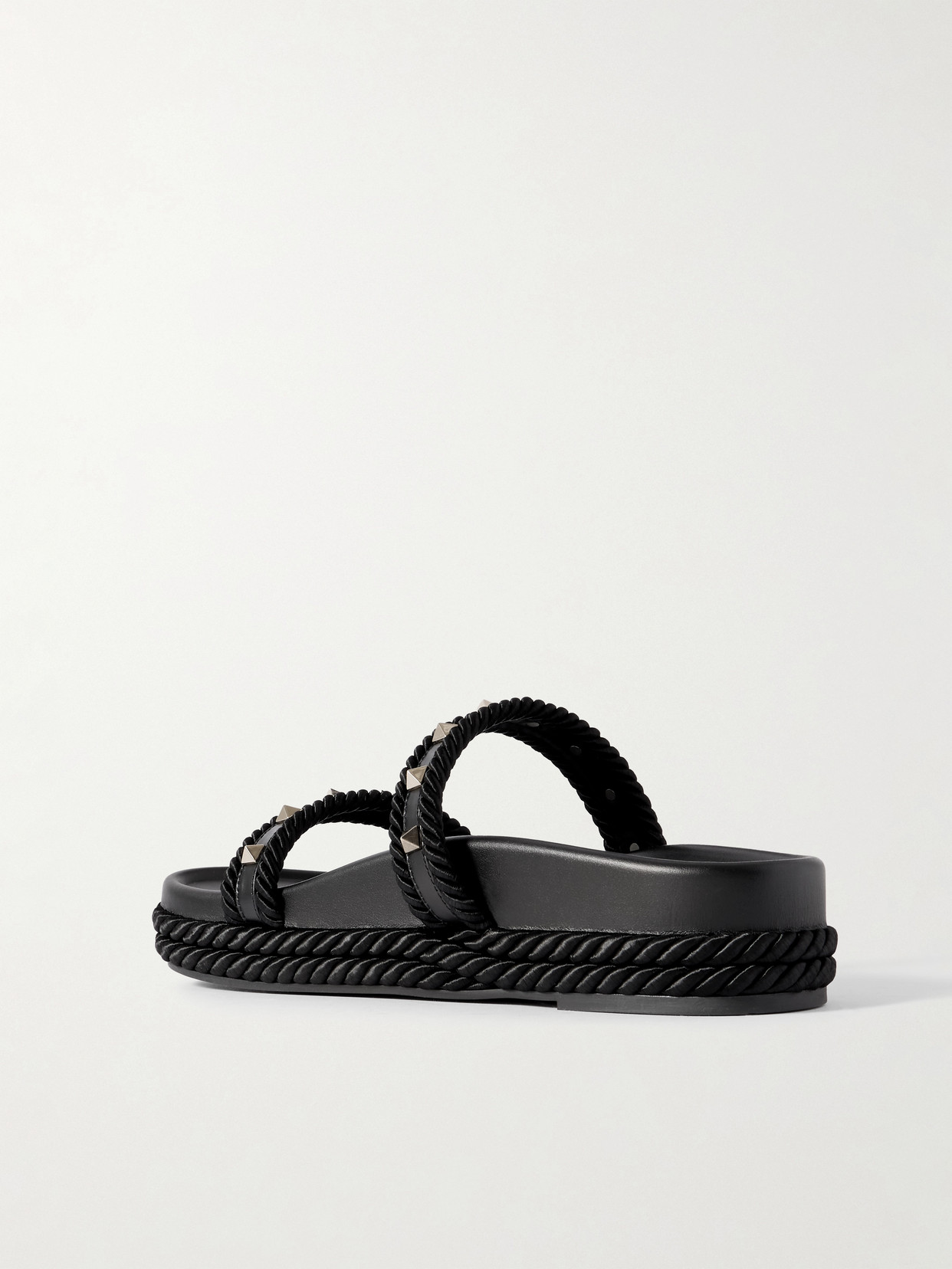Valentino Rockstud Rope-trimmed Studded Leather Slides In Black