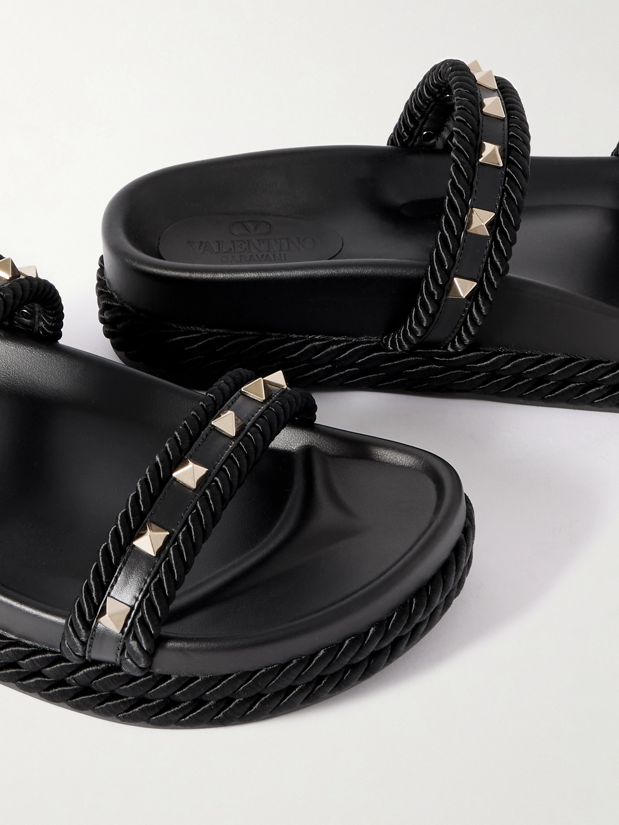 Valentino Rockstud Rope-trimmed Studded Leather Slides In Black