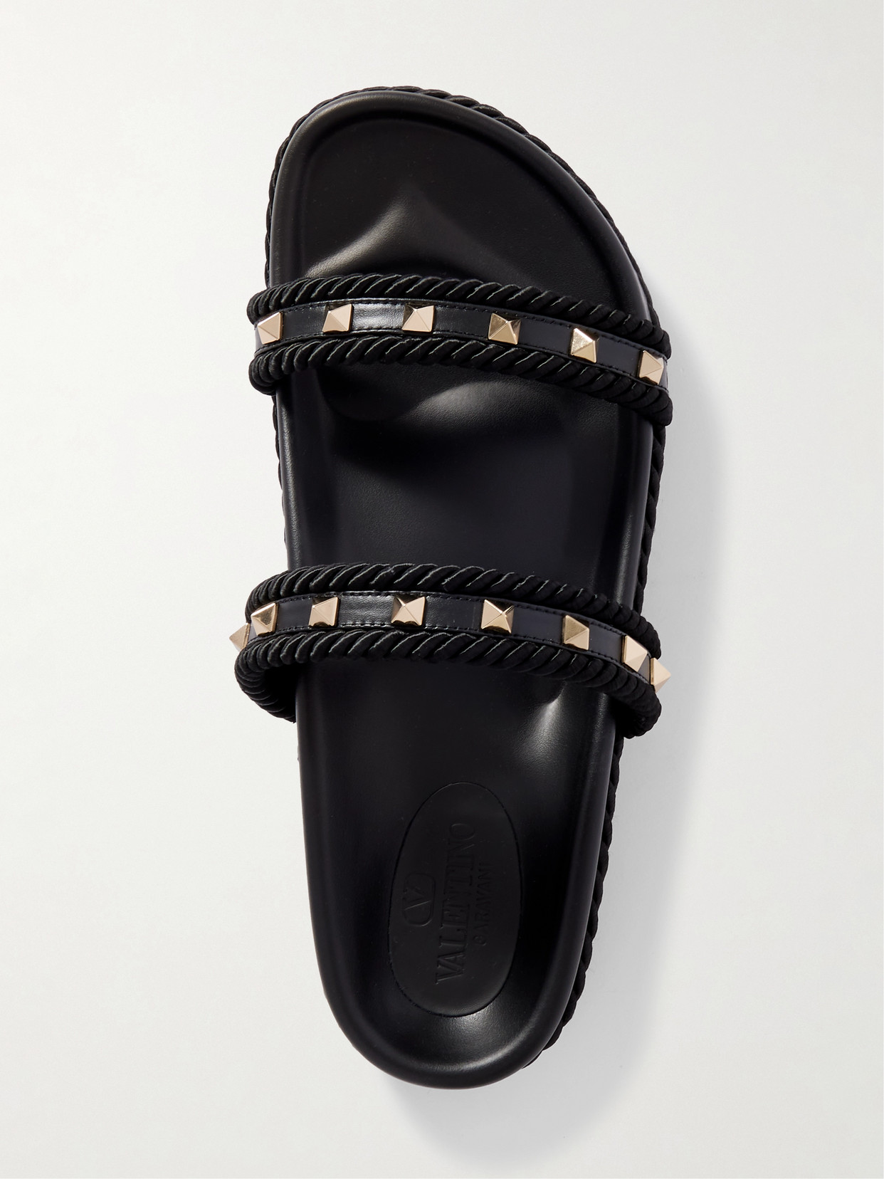Valentino Rockstud Rope-trimmed Studded Leather Slides In Black