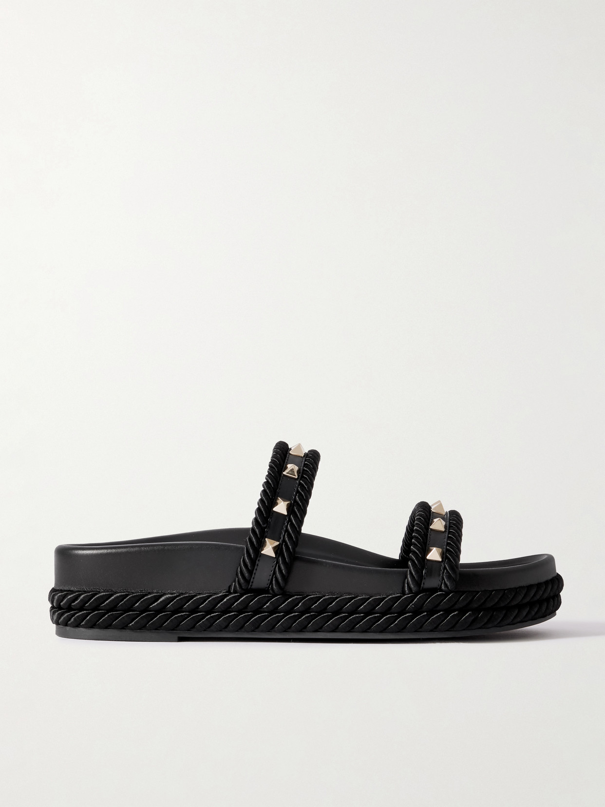 Valentino Garavani Rockstud Rope-trimmed Studded Leather Slides In Black