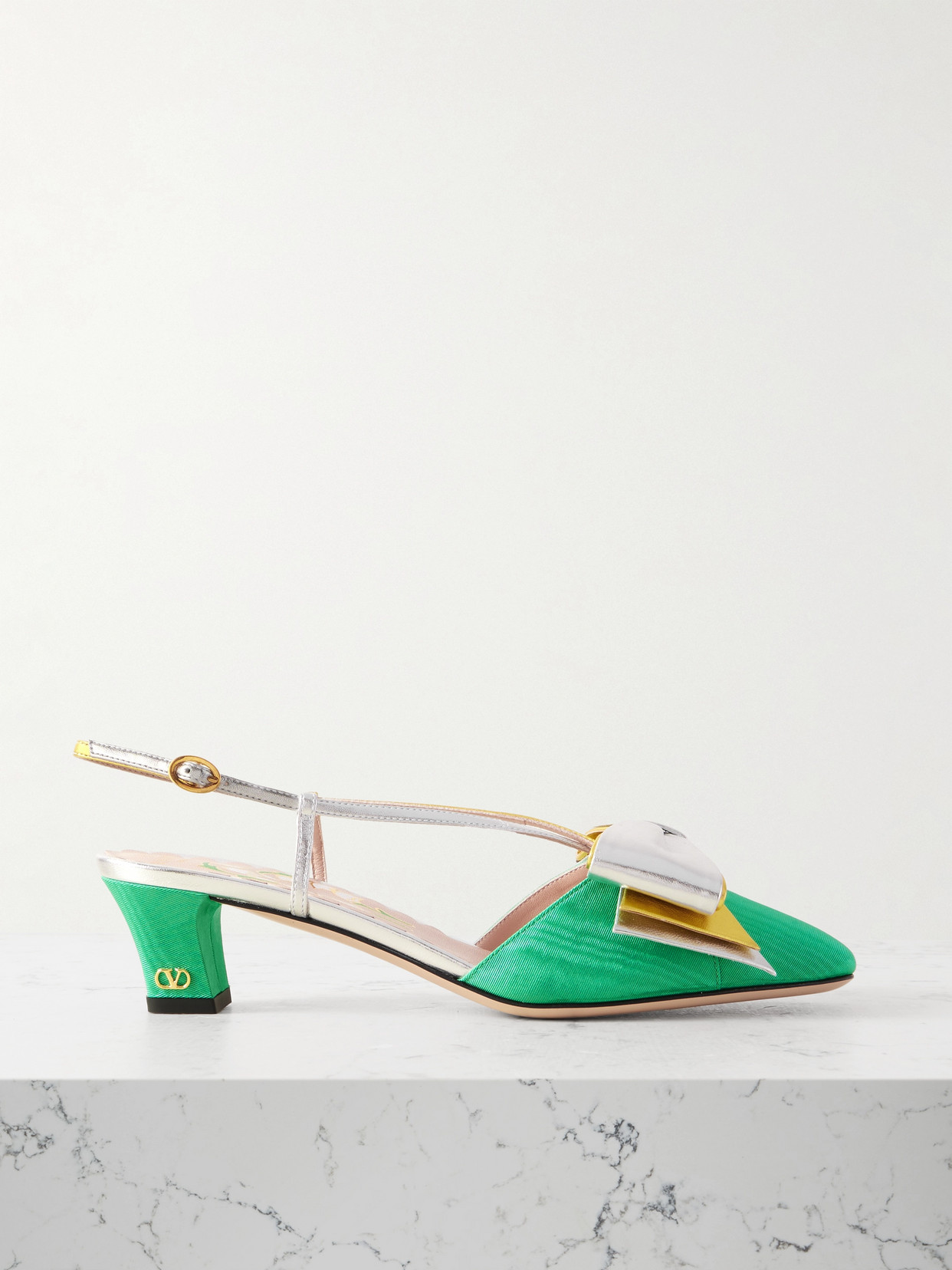 VALENTINO GARAVANI BOWOW 45 TWO-TONE METALLIC LEATHER AND MOIRÉ SLINGBACK PUMPS