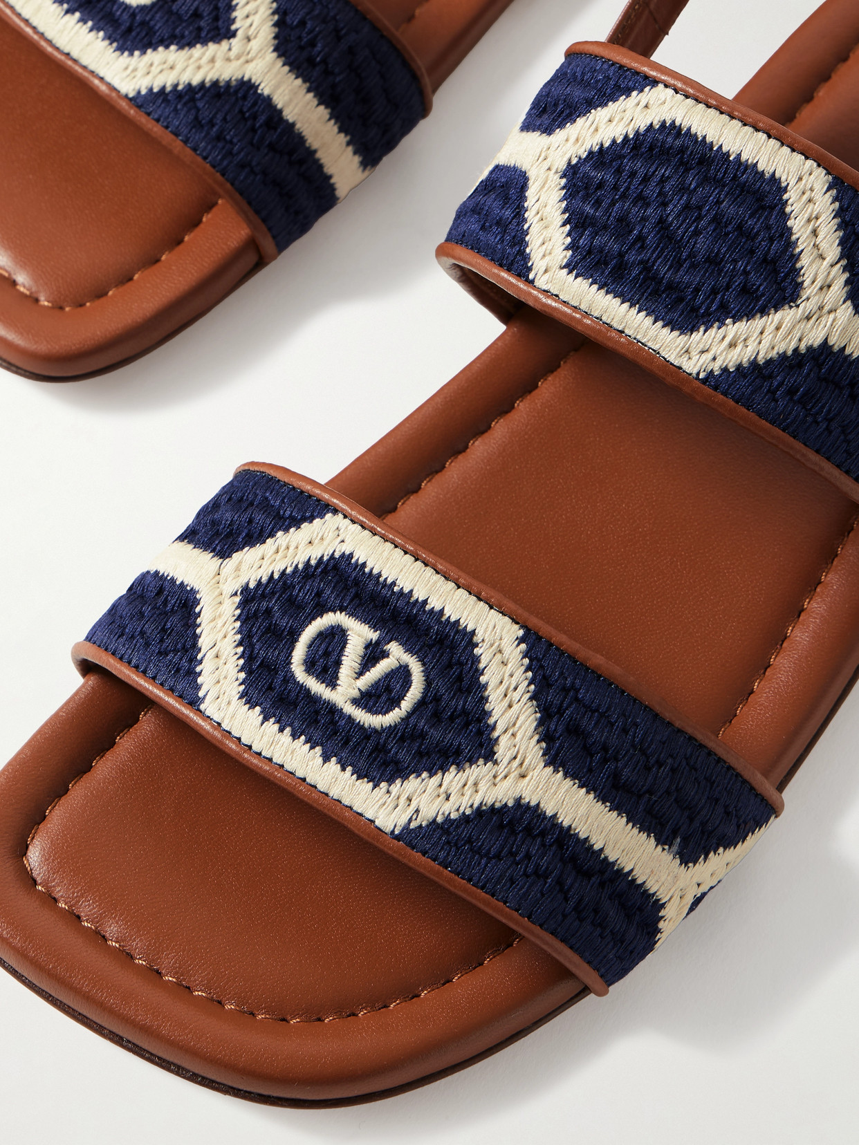 Valentino Embroidered Fabric Vlogo Signature Flat Sandals In Blue