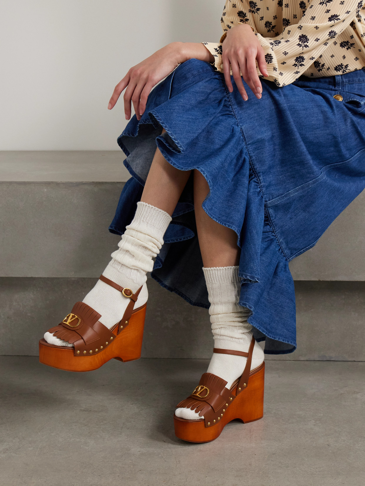 Valentino Studded Leather Platform Sandals In Brown
