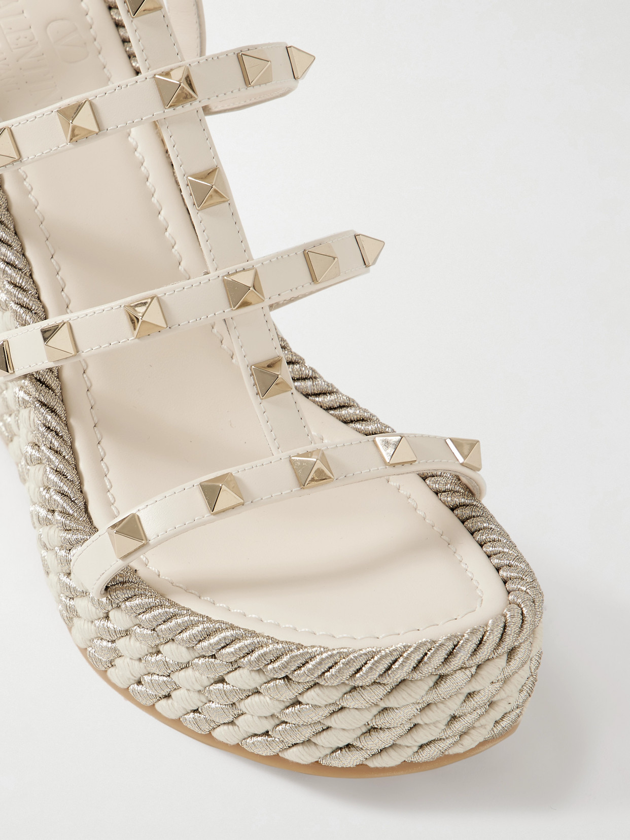 Shop Valentino Rockstud Torchon 105 Leather Espadrille Wedge Sandals In Ivory