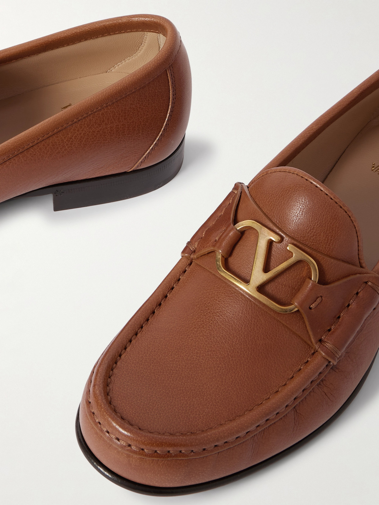 Valentino Vlogo Medallion Leather Loafers In Brown