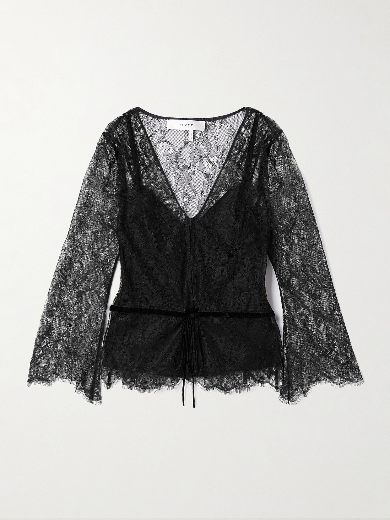 Frame Tie-detailed Velvet-trimmed Lace Blouse In Black