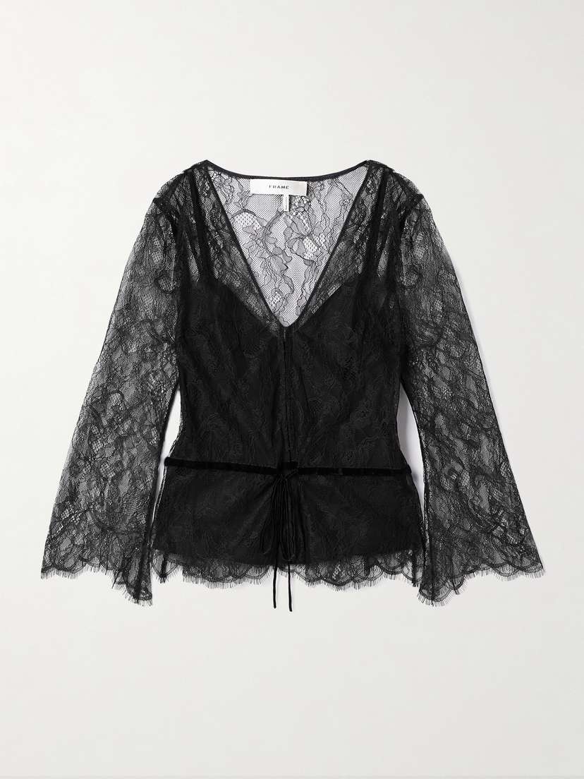 Frame Tie-detailed Velvet-trimmed Lace Blouse