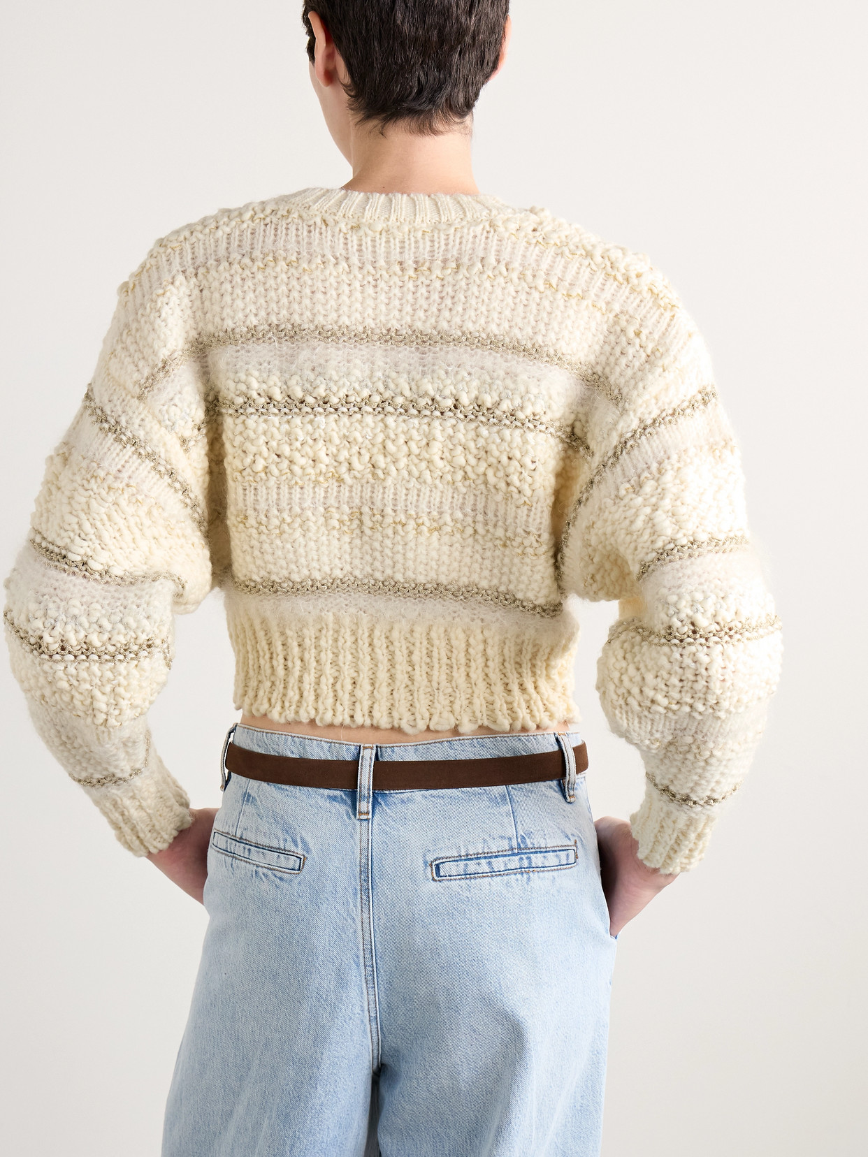 Frame Cropped Metallic Striped Wool-blend Sweater In Cream