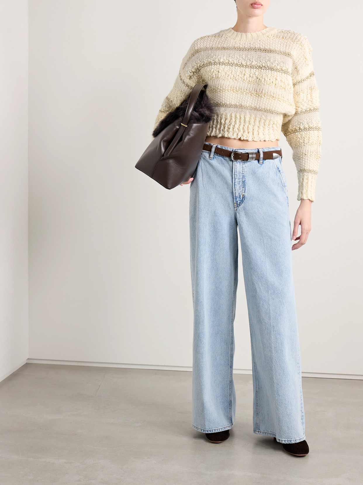 Frame Cropped Metallic Striped Wool-blend Sweater In Cream