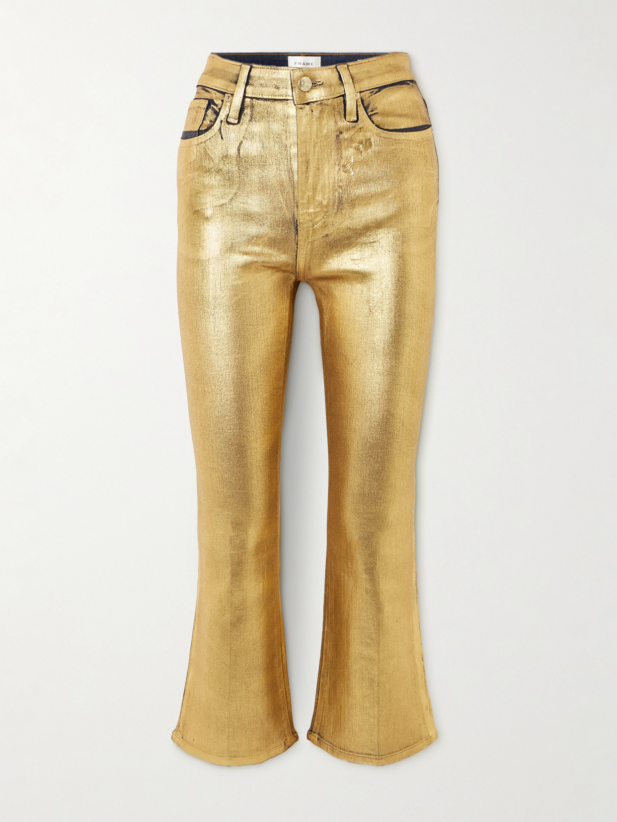 Frame Cropped Mini Bootcut Jeans In Gold Chrome In Gold